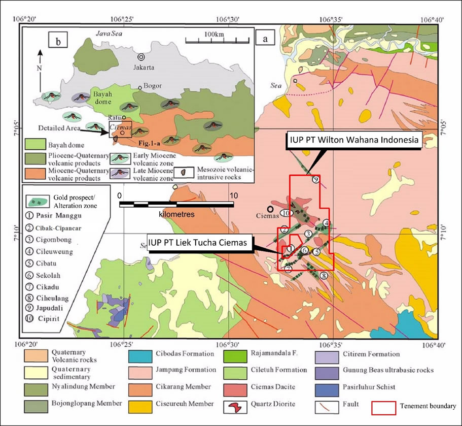 Figure 1: Geological Setting and Mineralised Zones, Ciemas Gold Project